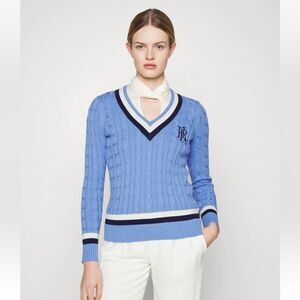 Lauren Ralph Lauren Cable Knit Cricket Sweater Monogram Blue Size Large NWT